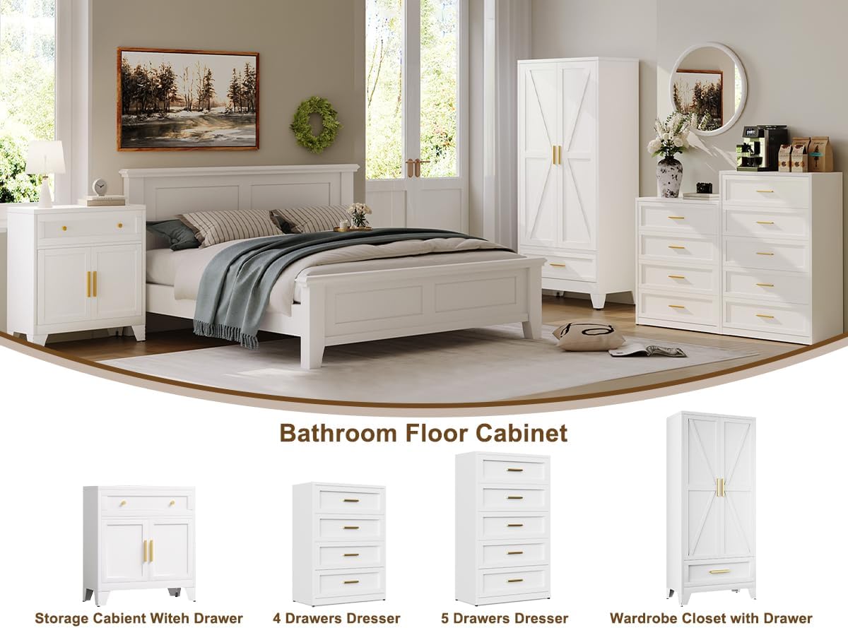 Farmhouse Wardrobe Cabinet with 2 Drawers,Metal Wardrobe Closet with Hanging Rod,Metal Armoire with Adjustable Shelves for Bedroom,Living Room, Cloak Room,Office (White)