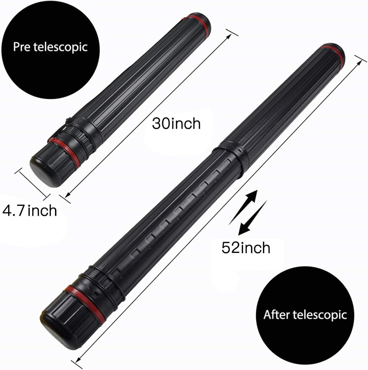 DEWEL Drawing Tube Blueprint Case Telescoping Art Tube Expands from 30”to 52”, Large Plastic Black Fishing Rods Storage Tube Waterproof and Light Resistant Poster Tube with Strap (XL Size)