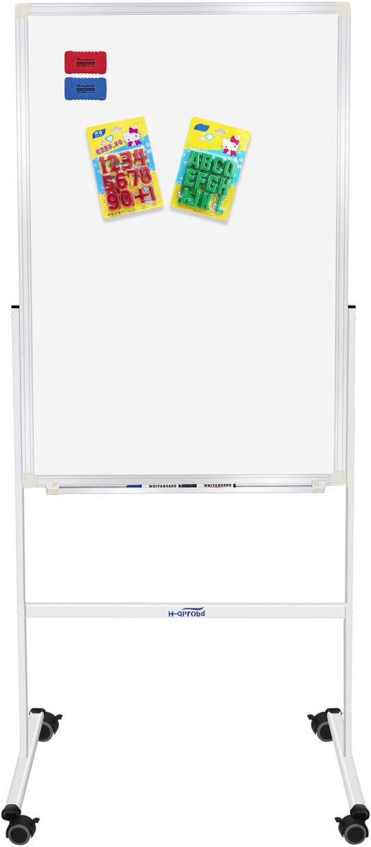 H-Qprobd 24"x36" Dry Erase Board with Stand - Adjustable Height Double Side Mobile Magnetic Rolling Whiteboard on Wheels for Home, Office & School