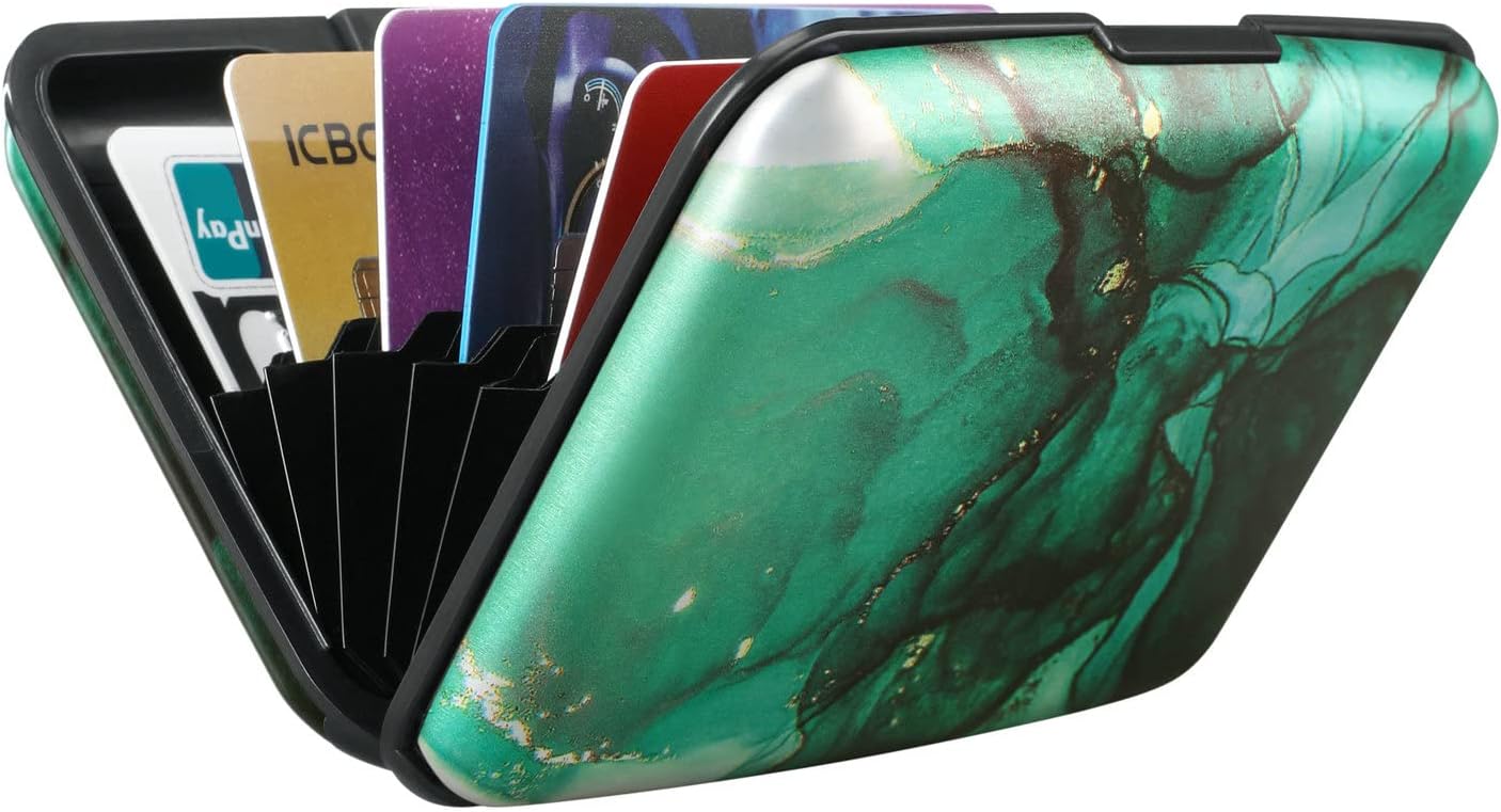 ELFISH Mini RFID Aluminum Wallet Credit Cards Holder Business Card Case Metal ID Case for Men Women (Greenblack Marble)