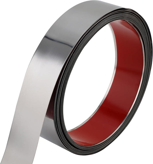 Flexible Self Adhesive Metal Strip for Magnet, Strong Peel and Stick Ferrous Tape Roll for Workshop, Office, School and Home Decoration (Shiny Silver, 16.4ft x 1.6inch)
