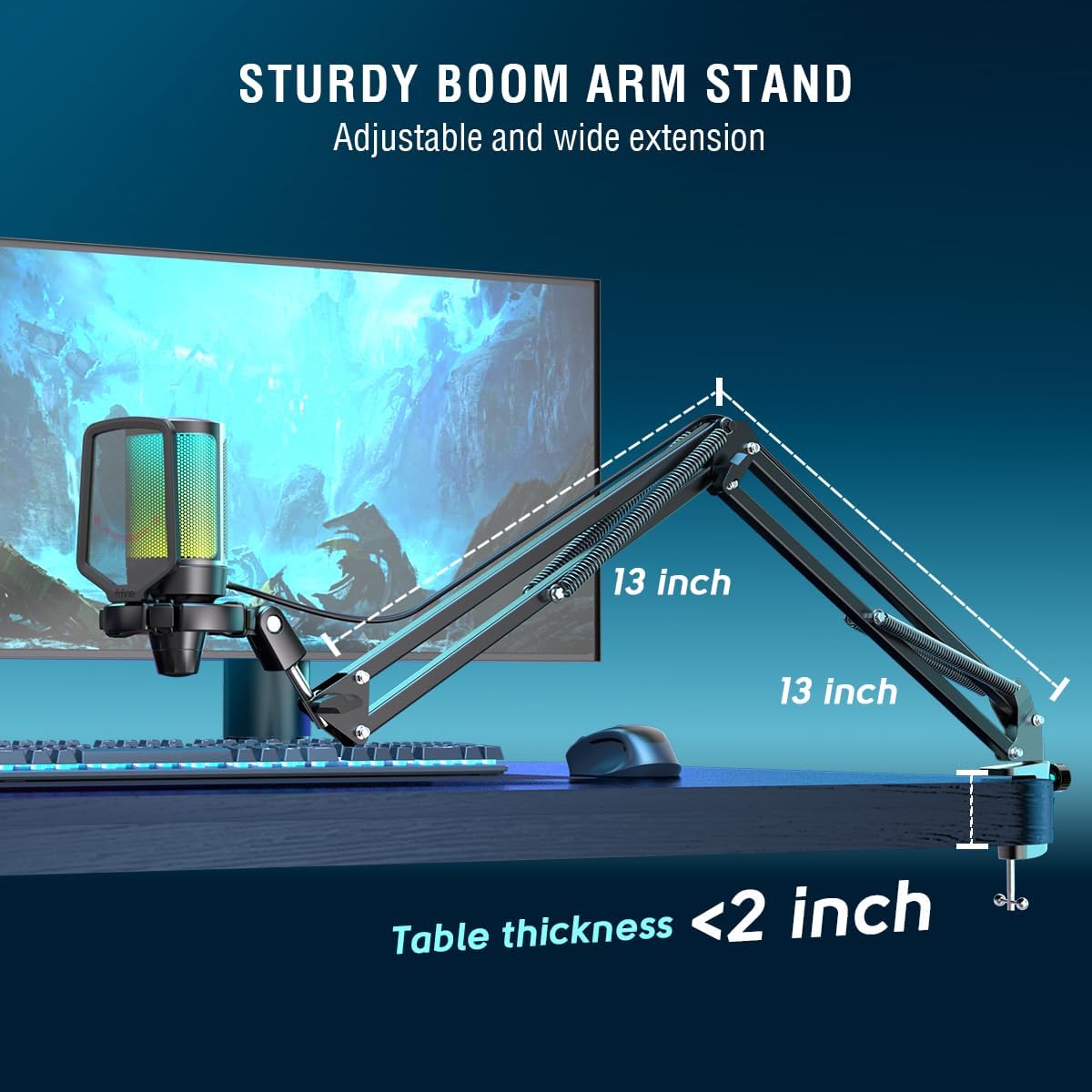 FIFINE USB Gaming Streaming Recording PC Microphone Kit, RGB Condenser Computer Mic Bundle for Podcasts, Audio, Vocal, Video on Mac/Desktop/Laptop, with Boom Arm Stand-A6T Blue
