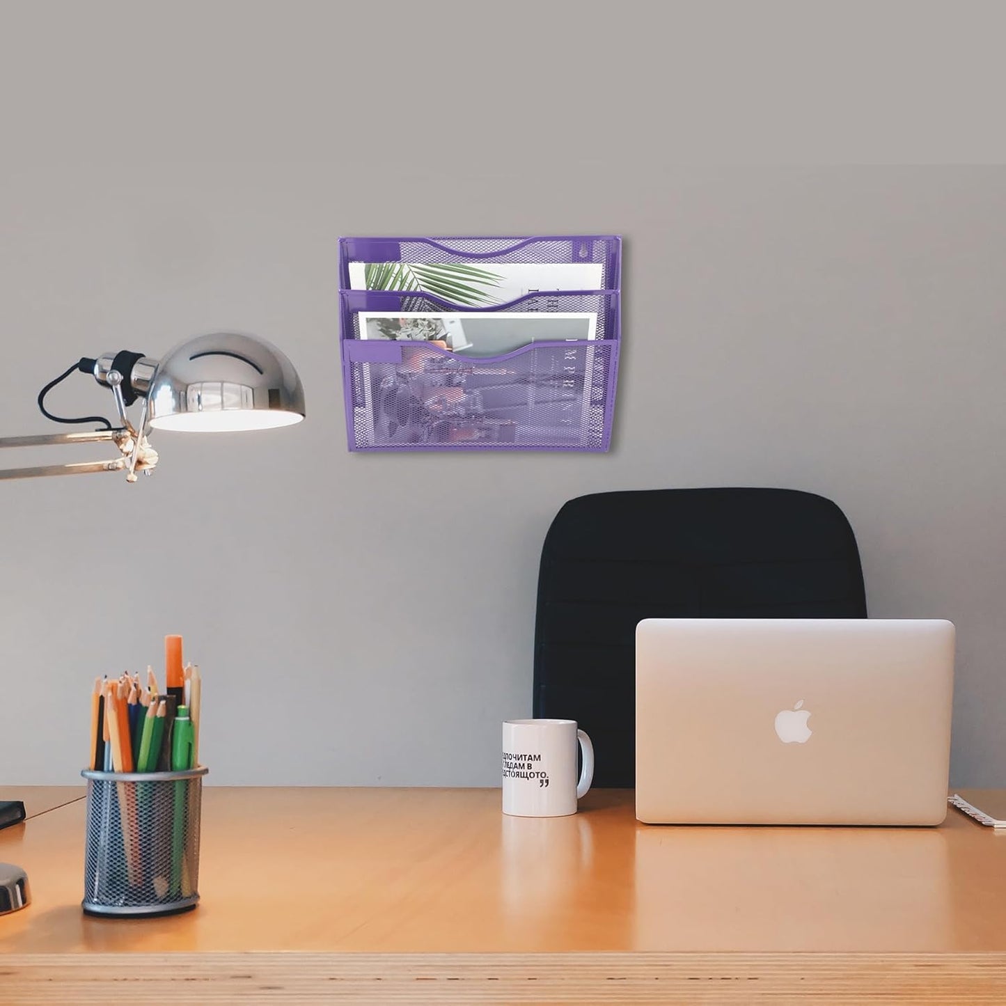 EASEPRES 3 Pocket Mesh Hanging Wall File Organizer, Wall Mounted Mail Paper Document Folder Holder, Clipboard Storage Organization Magazine Rack with Nametag Label for Office School Home, Purple