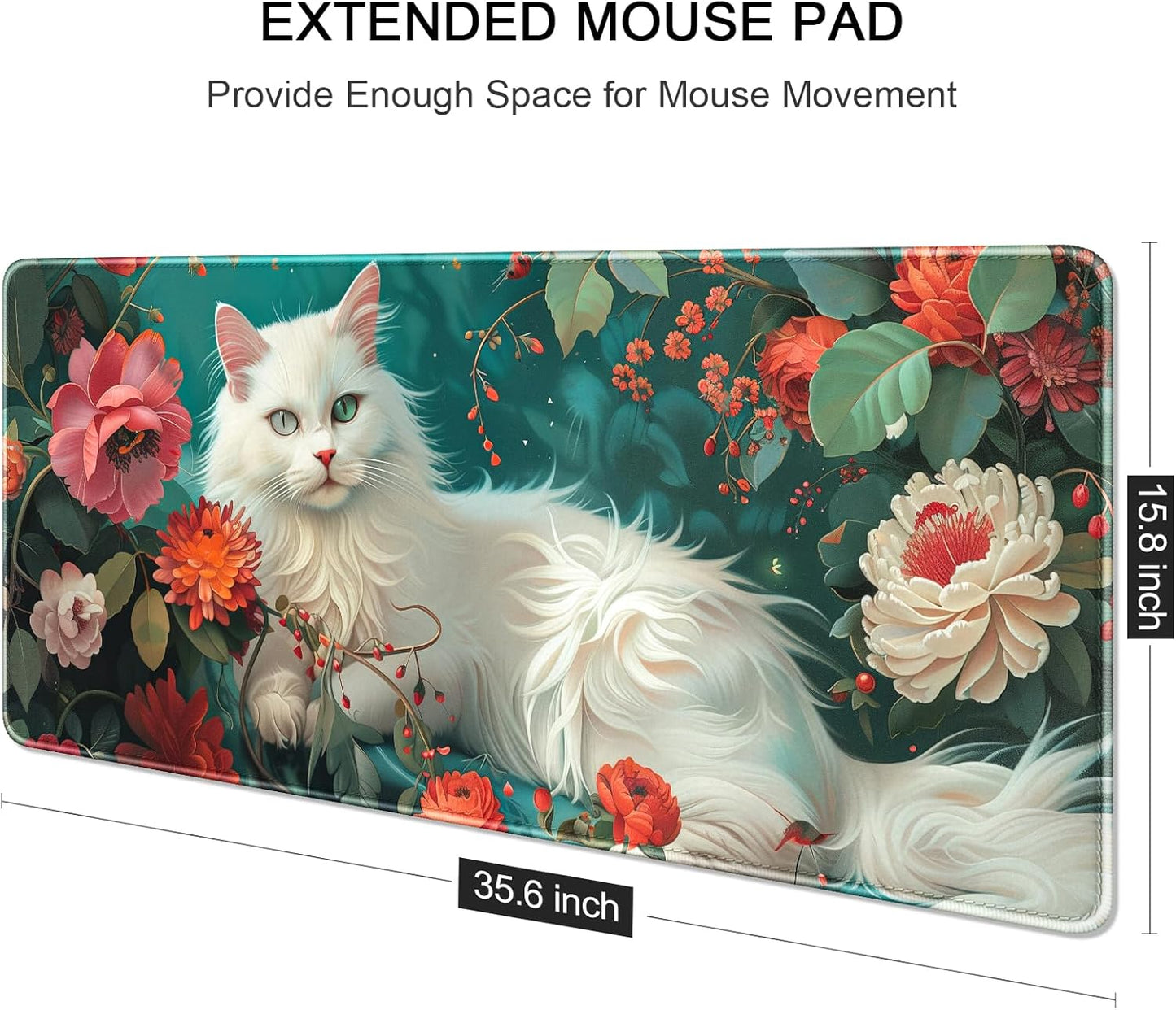 Auhoahsil Large Gaming Mouse Pad, Flower & Cat XXL 35.4 x 15.7 in Desk Pad Stitched Non-Slip Rubber Long Computer Mousepad Thin Extended Full Size Desk Mat for Desktop, Laptop, Wireless Mice