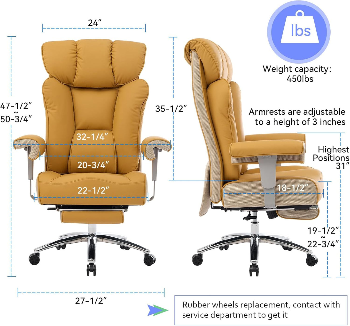 Efomao Big and Tall Green Office Chair 450LBS – Ergonomic High-Back Executive Chair with Footrest, Adjustable Padded Armrests, PU Leather Computer Chair with Lumbar Support for Home or Office, Yellow