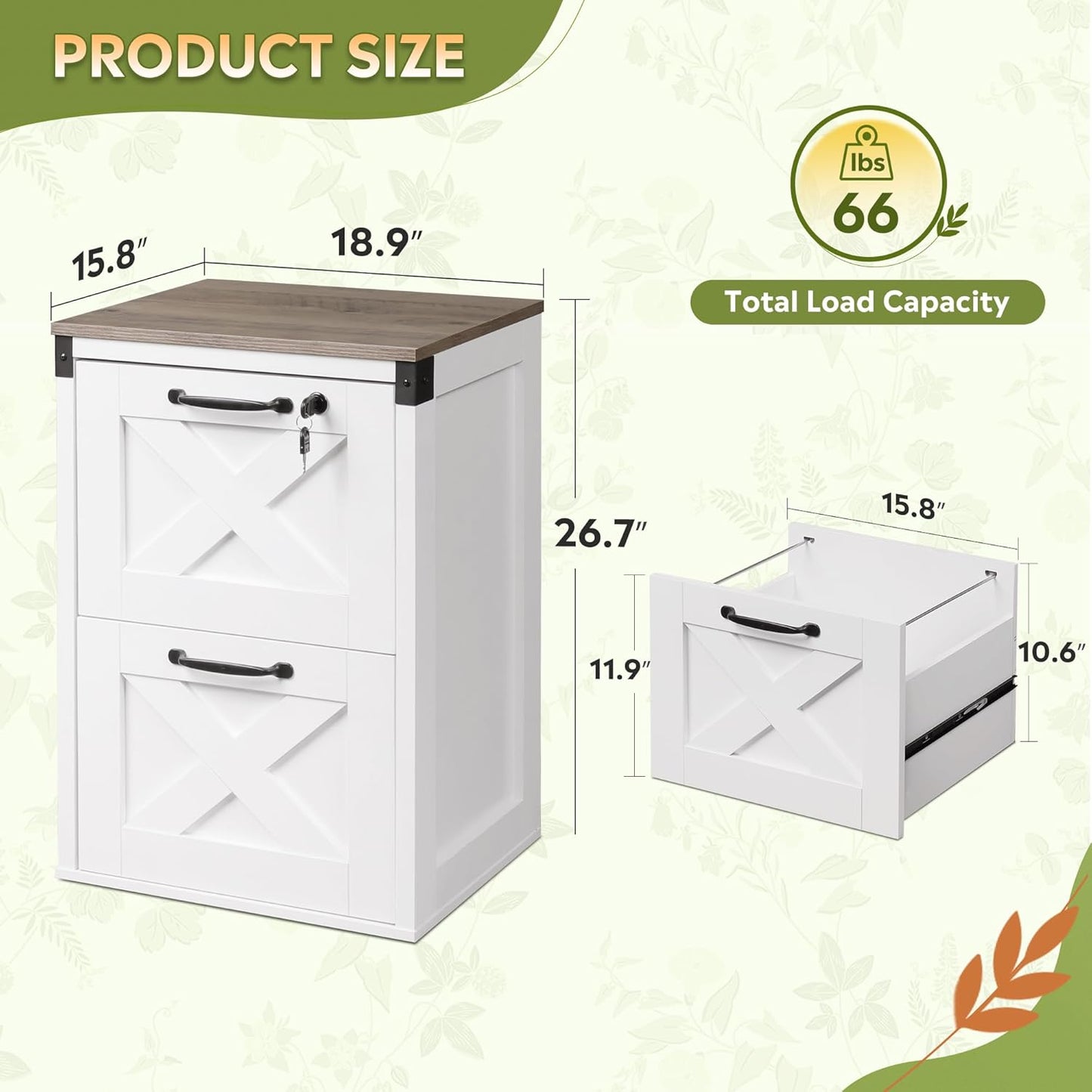 DEVAISE 2 Drawer File Cabinet with Lock, Wood Farmhouse Filing Cabinet for Home Office, Printer Stand Fits Letter and A4 Size, White