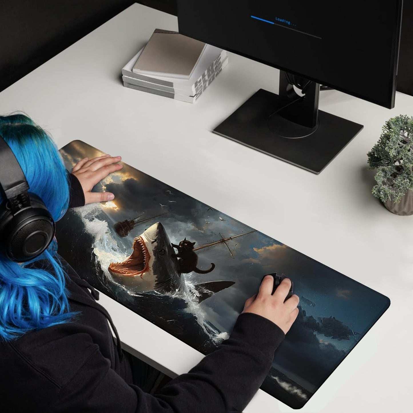 Funny Black Cat Mouse Pad, Abstract Quirky Cat and Shark Mousepad - Large Non-Slip Desk Mat for Office, PC & Laptop - 31.5"x11.8" x 3mm