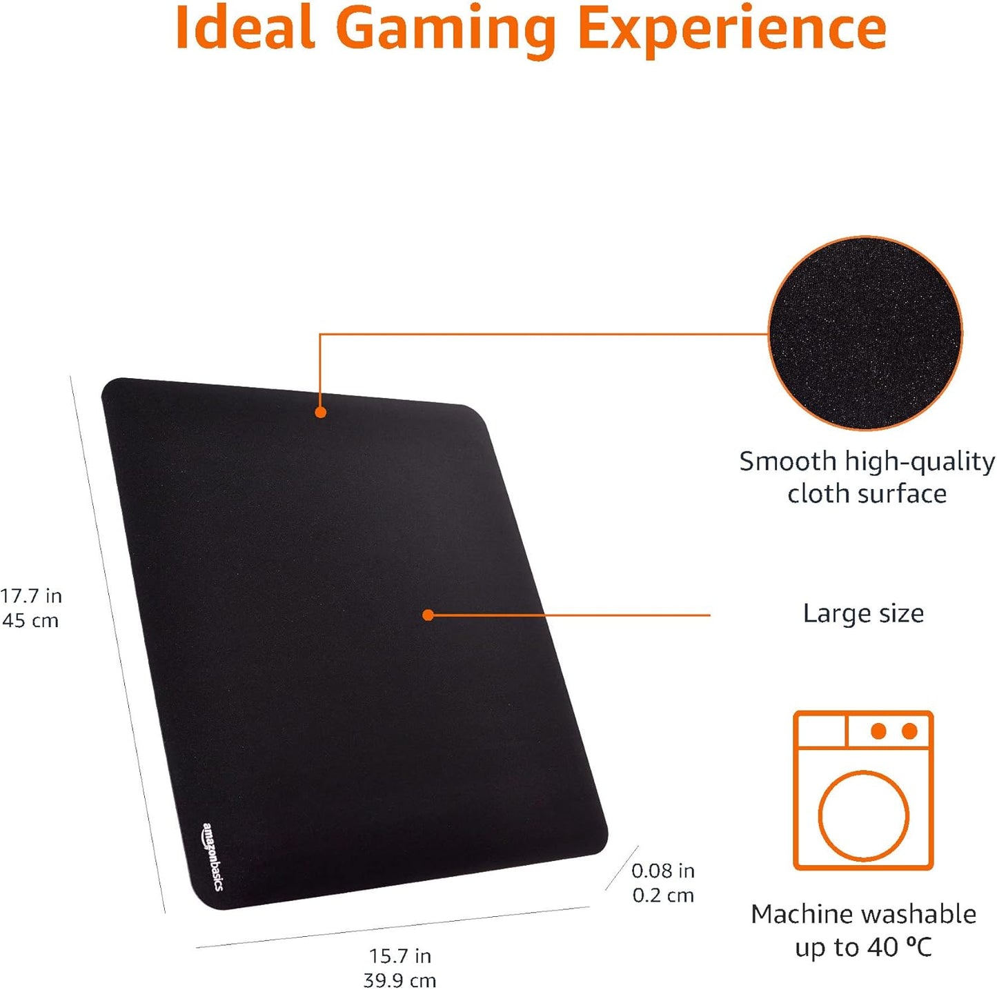 Amazon Basics Large Square Computer Mouse Pad, Cloth and Rubberized Base, 17.7L x 15.7W inches, Black