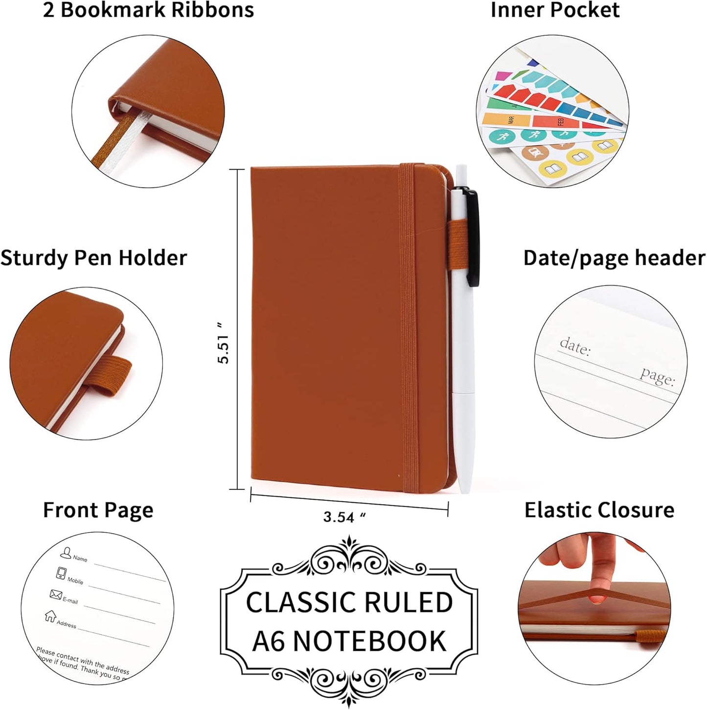 feela 15 Pack Pocket Small Notebooks Bulk, Mini Cute Notepads Hardcover College Ruled Lined Journals with Pen Holder for School Business Memos, with 15 Black Pens, 3.5”x 5.5”, A6, Brown