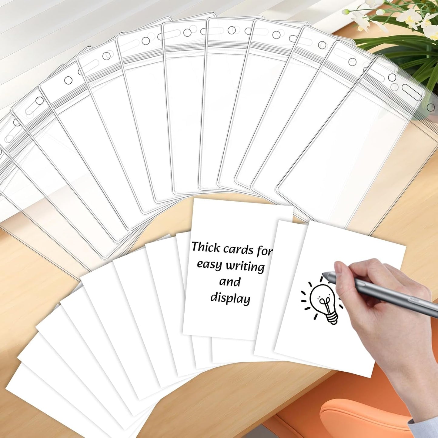 100 ID Badge Holders with 100 Blank Cards, Blank on Both Sides, White and Thick ID Card Holders with Cards