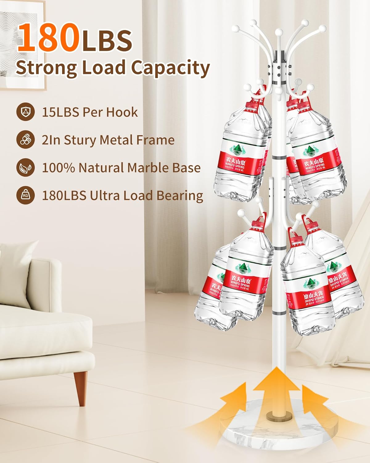 EZIVIEZ Modern Coat Rack Stand, 360° Rotary Metal Freestanding Coat Rack with Natural Marble Base, White Coat Racks and Coat Hanger Tree Jacket Stand with 14 Hooks for Office, Entryway, Hallway