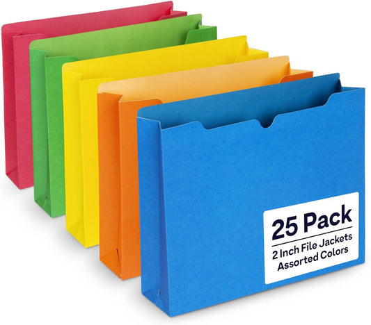 Enday 2 Inch File Jackets (25 Pack)- Assorted Colors Expandable File Folders - Straight Cut Tab - Letter Size Jacket Folders for Home & Office, Pocket File Folders in Red, Yellow, Blue, Green & Orange