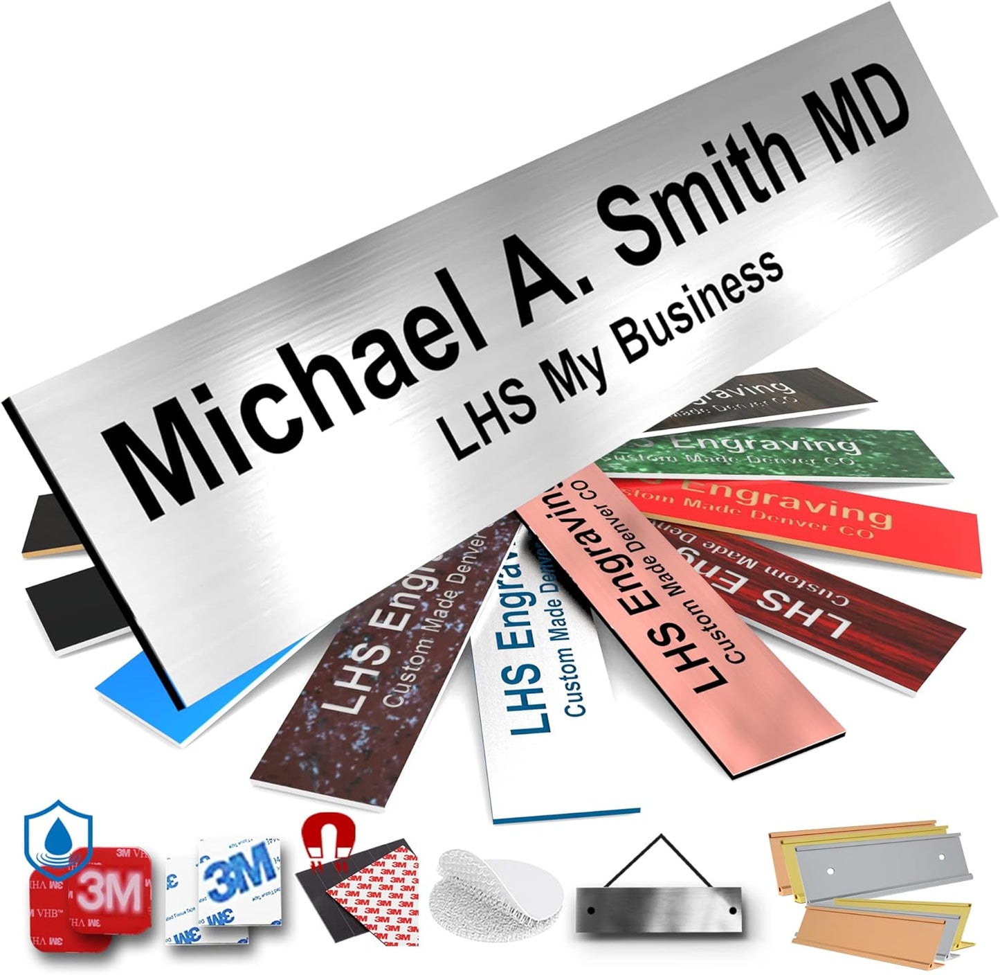 Door Name Plate Personalized for Office Brushed Steel Plastic Name Plate Black Letters - Made in USA 2x10 M1