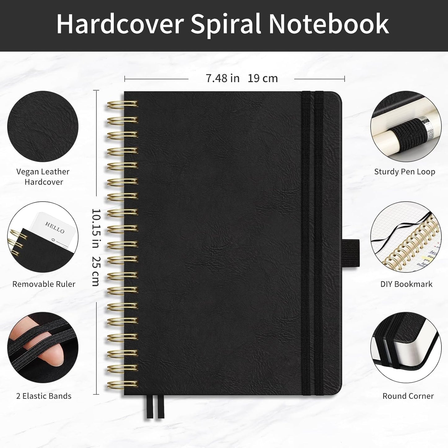 EMSHOI Spiral Graph Paper Notebook - 300 Pages, 100 GSM Thick Grid Notebook, B5 Large Hardcover Leather Journal for Women Men Work School Writing Engineering Graphing, 7.48" x 10.15", Black