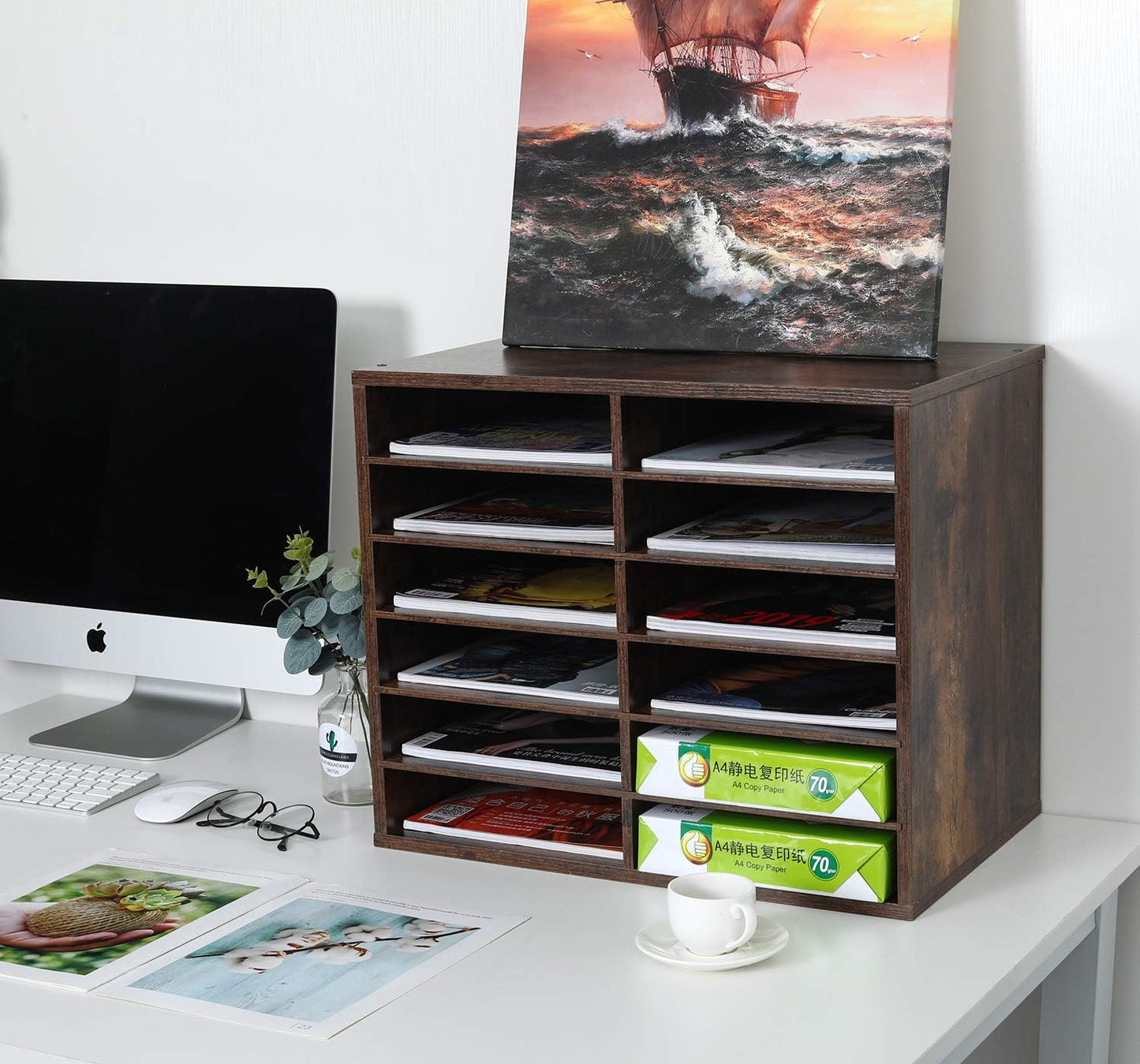 EasyPAG Mail Organizer Countertop, Wood Literature Organizer, Student Classroom Mailbox for School, Desktop Paper Sorter for Office Home, 12 Compartments, Archaize