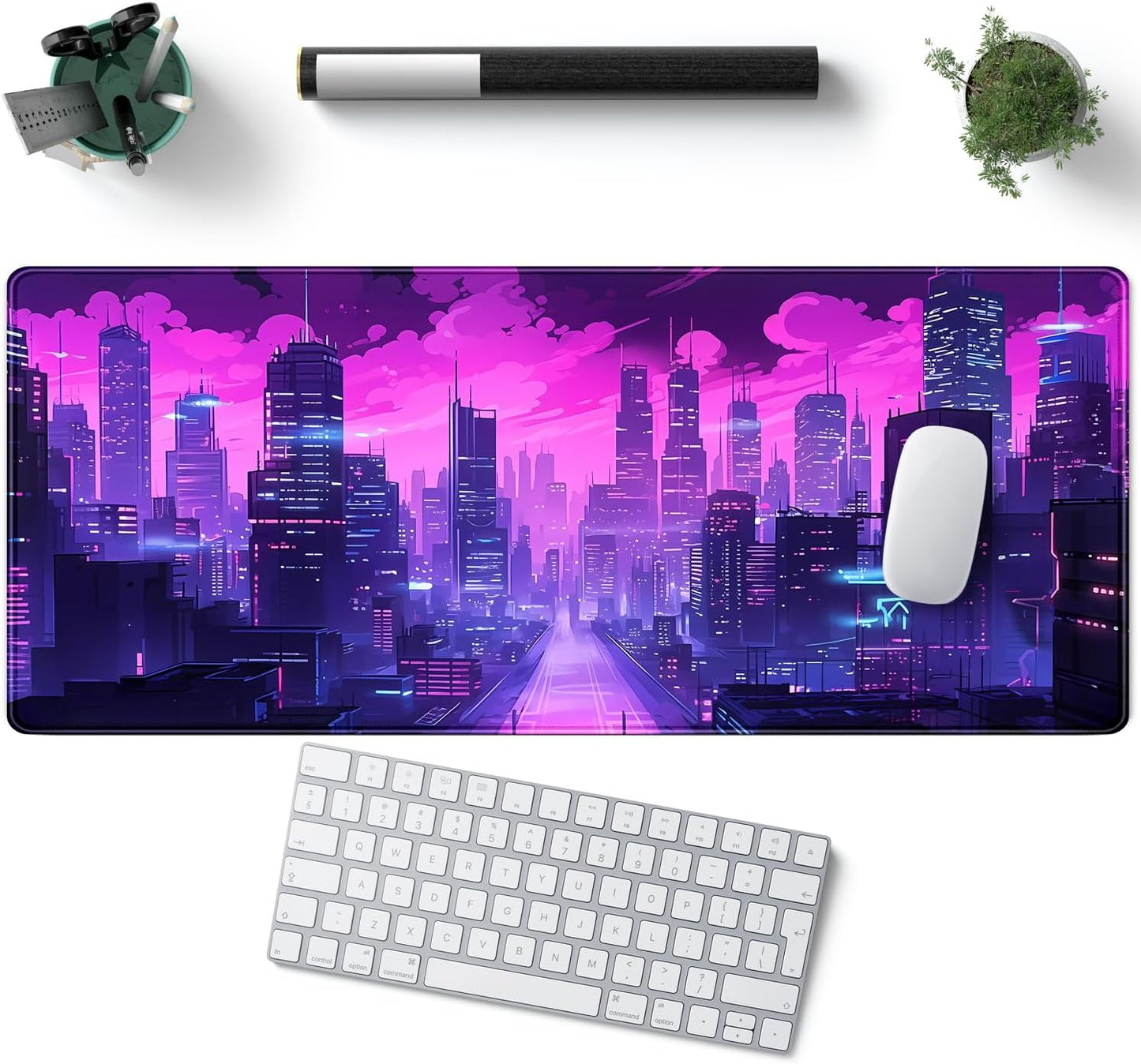 Desk Pad Cyberpunk Purple Desk Mat City Skyline Gaming Extended Mouse Pad Big Office Keyboard Pc Laptop for Women Large Mousepad with Stitched Eges Non-Slip Base Mouse Keyboard Mat 31.5x11.8 in