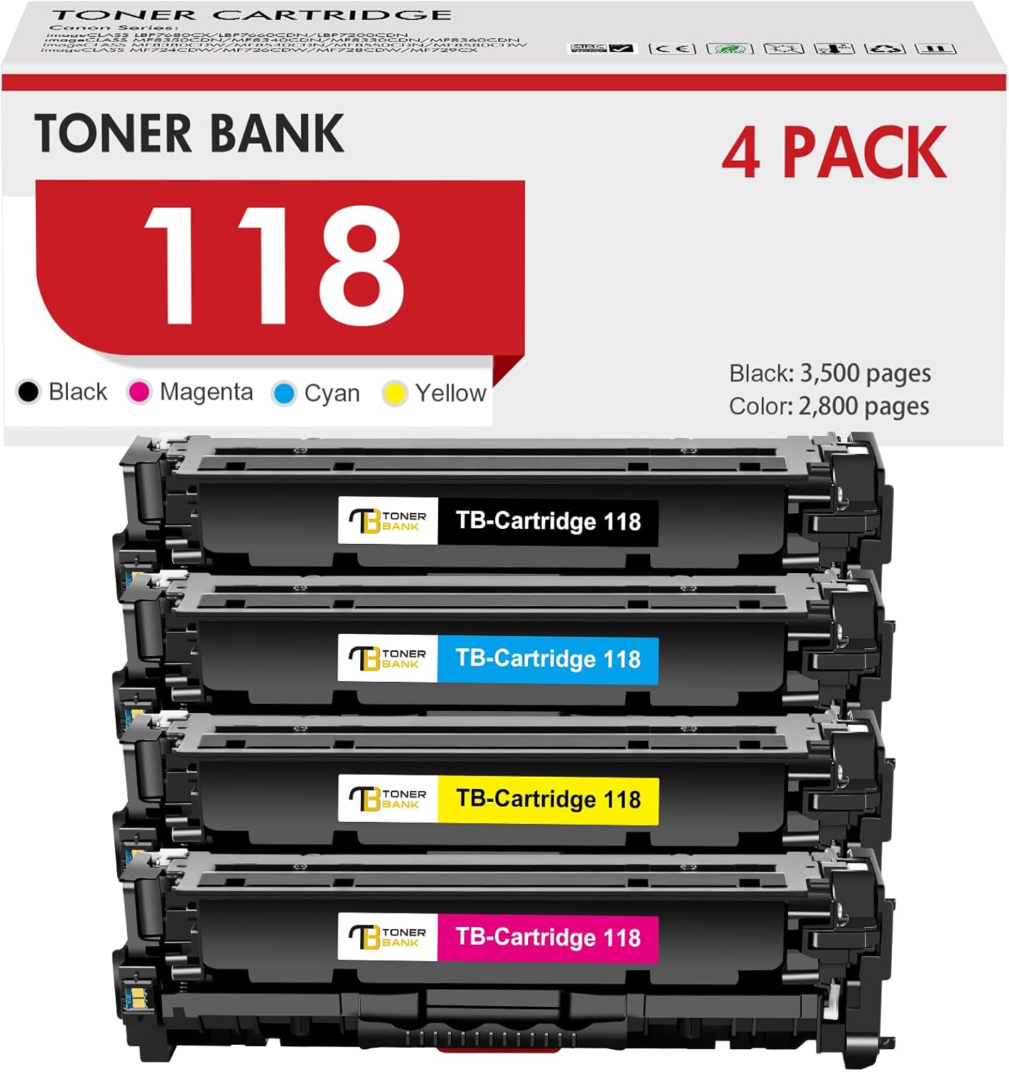 118 Toner Cartridges Compatible Replacement for Canon 118 CRG118 CRG-118 Toner for ImageCLASS MF8580Cdw MF8380Cdw MF8350Cdn MF726Cdw LBP7660Cdn LBP7200CDN MF729CDW Printer (Black Cyan Magenta Yellow)