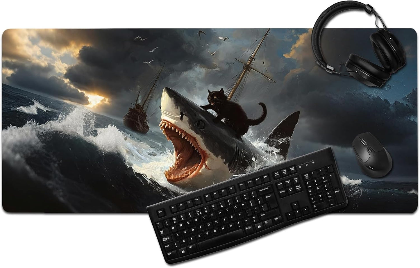 Funny Black Cat Mouse Pad, Abstract Quirky Cat and Shark Mousepad - Large Non-Slip Desk Mat for Office, PC & Laptop - 35.5"x15.7" x 3mm