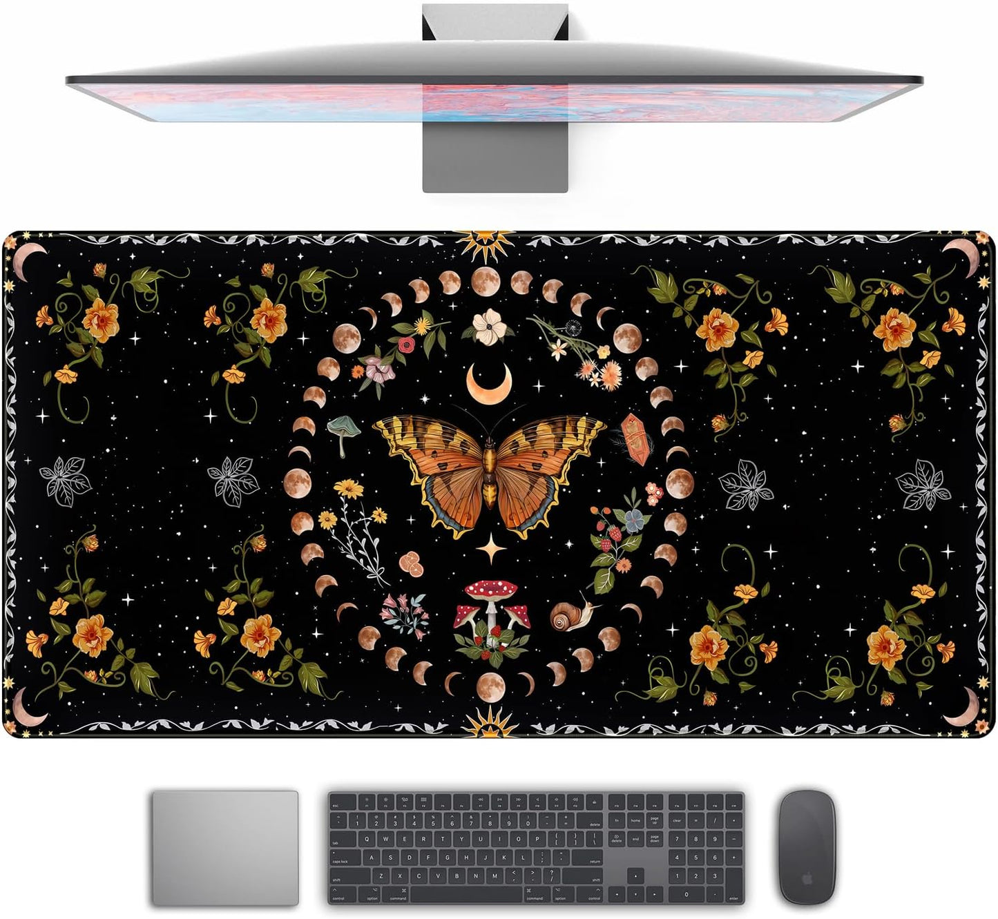 Moth Desk Pad Mushroom Phase Moon Phase Desk Mat, Boho Flowers and Leaves Computer Big Mouse Pad Washable Cloth Non-Slip Rubber Base Keyboard Pad Mouse Mat for Office with Stitched Eges 31.5x15.7 in