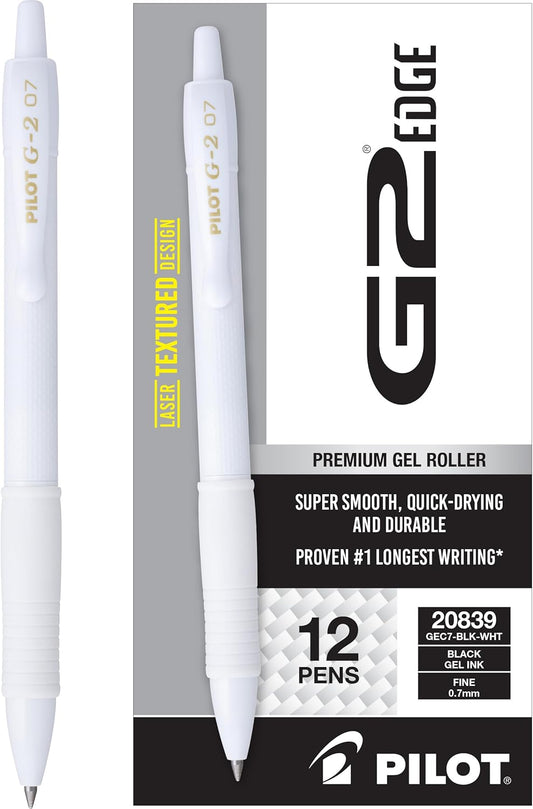 PILOT, G2 Premium Gel Roller Pens, G2 Edge White, Sensory Writing Experience, 12ct box, Fine Point 0.7 mm