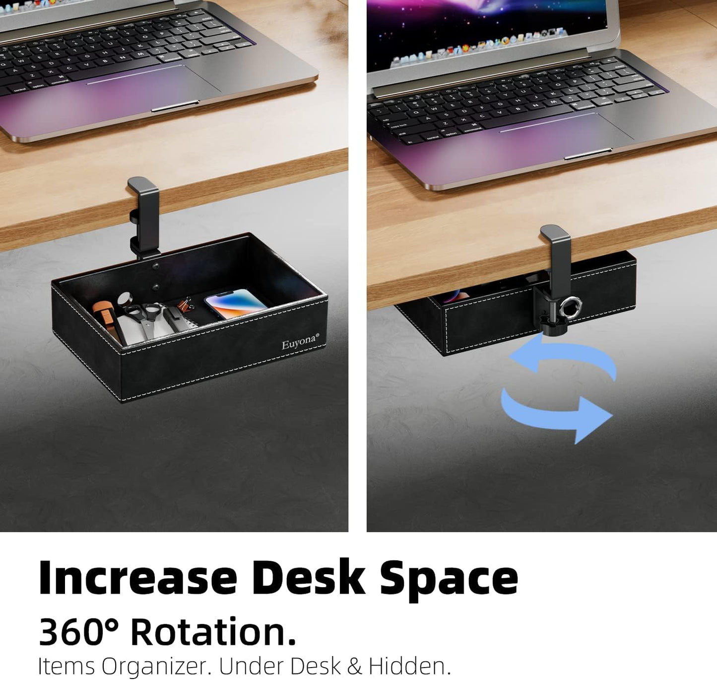 PU Leather Under Desk Organizer with 360° Rotating Clamp – for Computer Accessories, Stationery, Remote Control & Phone Storage, Black