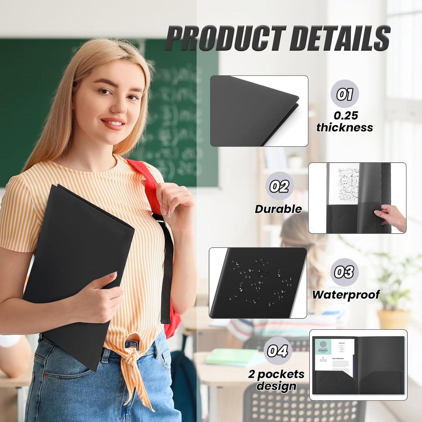 Gueevin 150 Pcs Plastic Folders with Pockets, Two Pocket Folder Fit 8.5 x 11 Inch Letter Size Paper, Heavy Duty School Folders Business Card Holder for Home Office School Bussiness (Black)