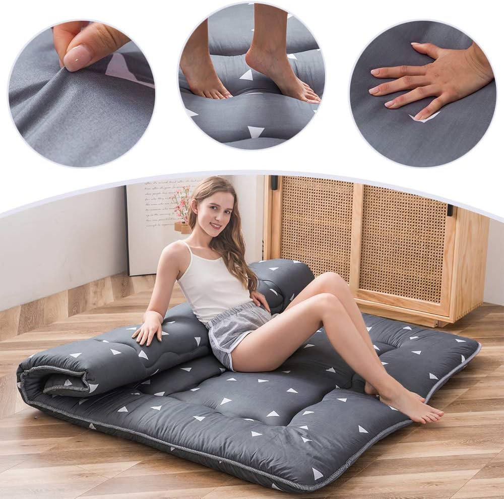 Grey Triangle Japanese Floor Futon Mattress, Tatami Floor Mat Portable Camping Mattress Kids Sleeping Pad Foldable Roll Up Floor Lounger Pillow Bed Queen Size with Mattress Protector Cover