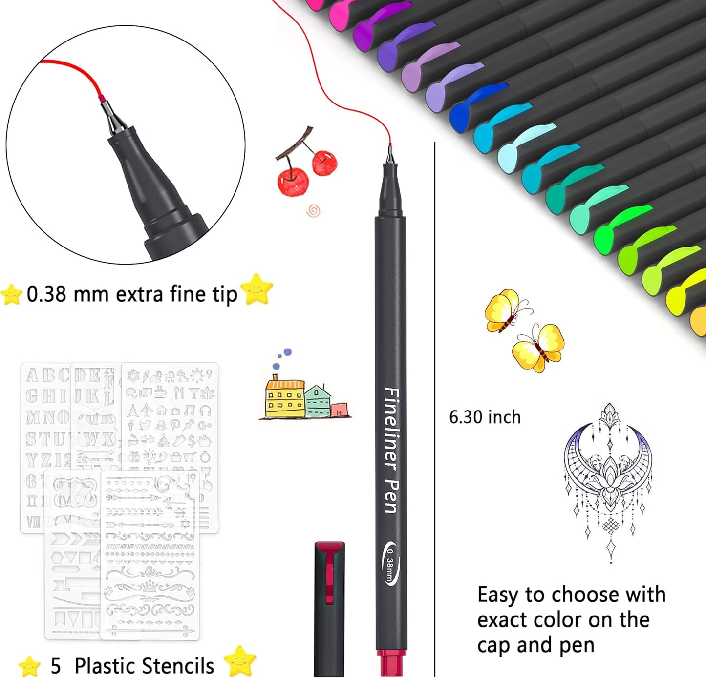 65 Pack Planner Colored Pens, 60 Assorted Colors Drawing Pens with 5 Different Stencils, Perfect for Dotted Journal Planner Writing Note Calendar Coloring Office School Supplies
