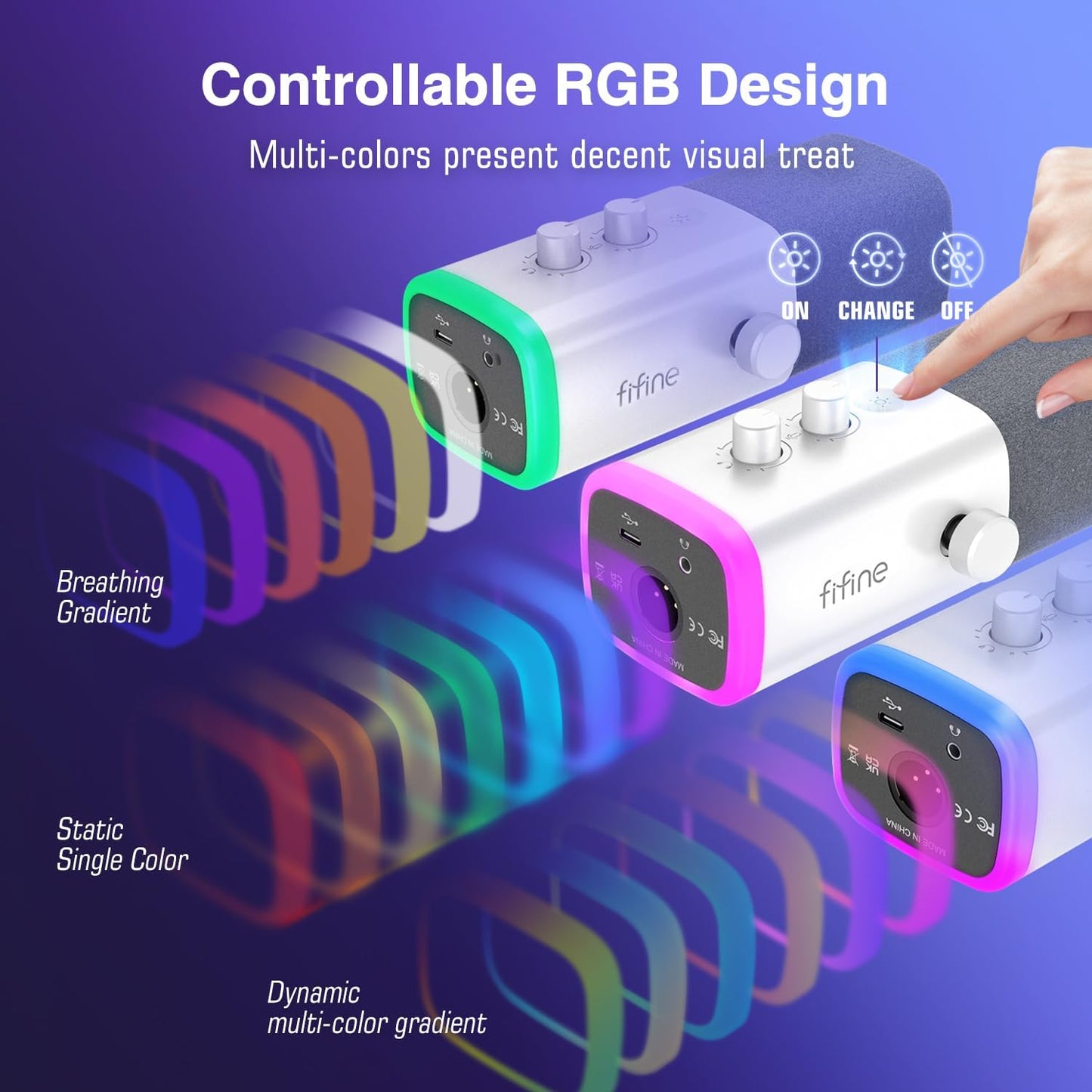 FIFINE XLR/USB Gaming Microphone for Streaming Podcasting, PC Computer RGB Mic, with Gain Knob, Mute Button, Monitoring Jack, Gamer Mic for Recording Video Creation-AmpliGame AM8 White