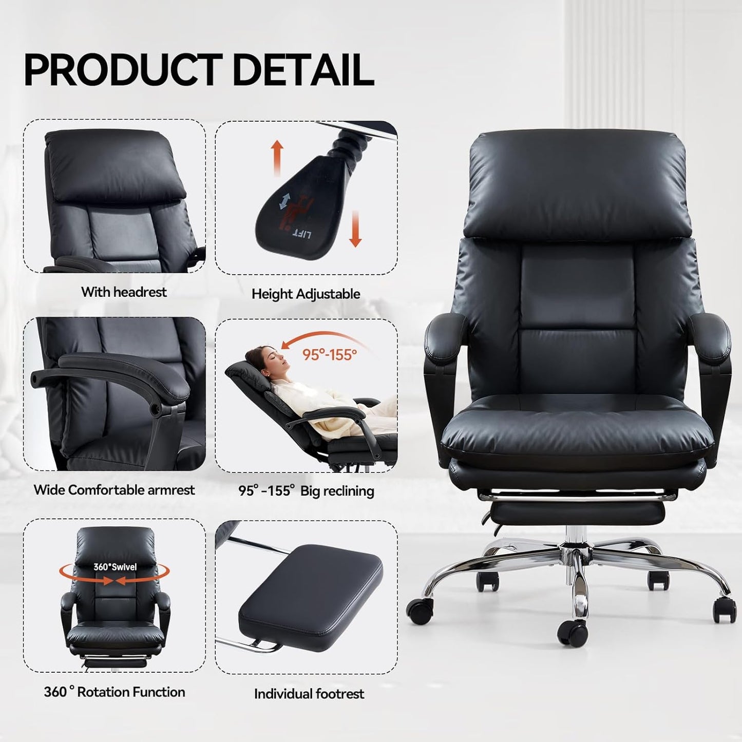 EMIAH Office Chair with Foot Rest, Ergonomic Executive Office Chair with Arms, Reclining High Back PU Leather Comfy Swivel Computer Desk Chairs with Wheels and Lumbar Support for Home Office, Black
