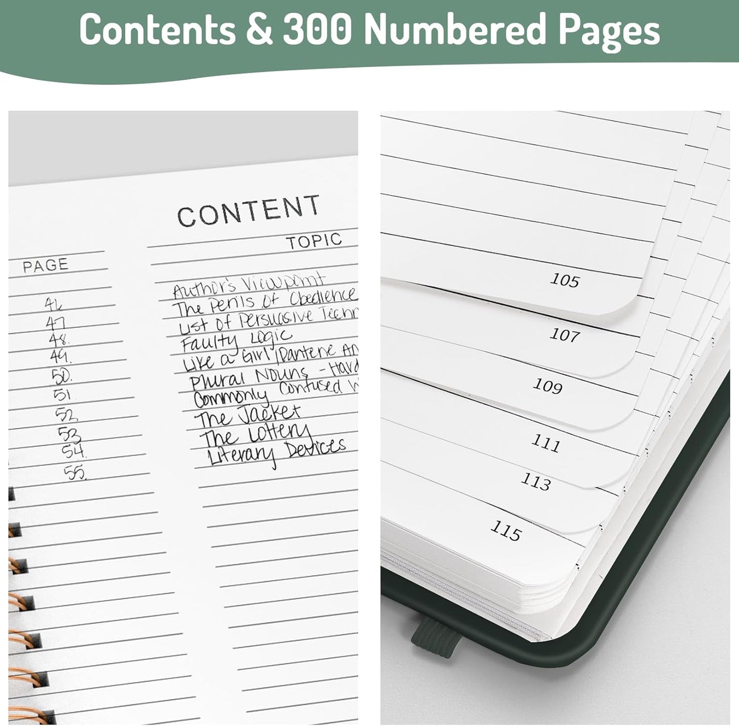 Forvencer A4 Lined Spiral Journal Notebook with 300 Numbered Pages, 11" X 8.5" Thick Journals for Writing with 100GSM Paper, Hardcover Notebooks with Contents for Work, School, Dark Green