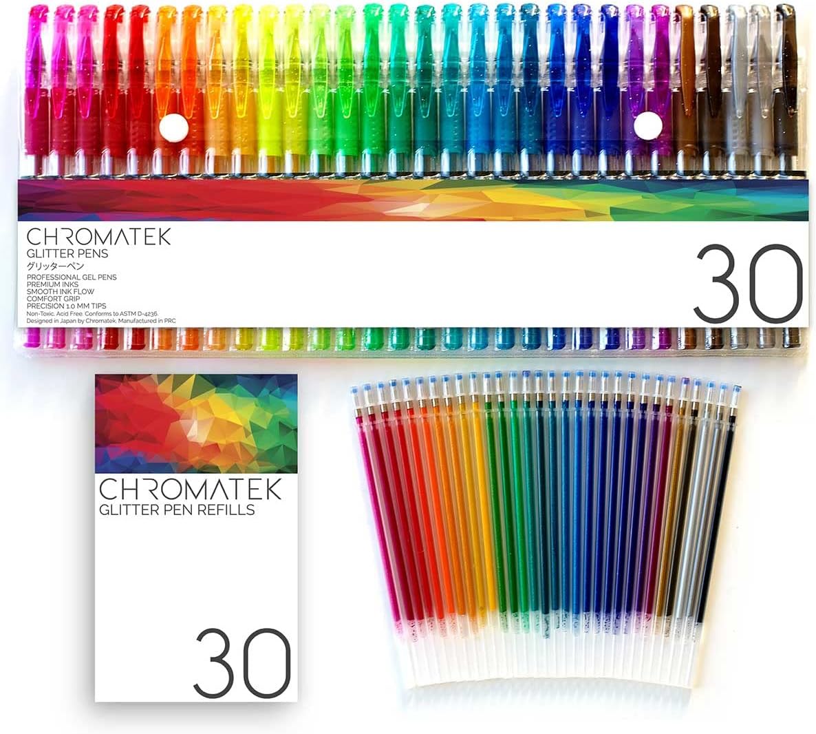 CHROMATEK Glitter Pens 60 Set Best Colors. 200% the Ink: 30 Gel Pens, 30 Refills. Super Glittery Ultra Vivid Colors. No Repeats. Professional Art Pens. New & Improved