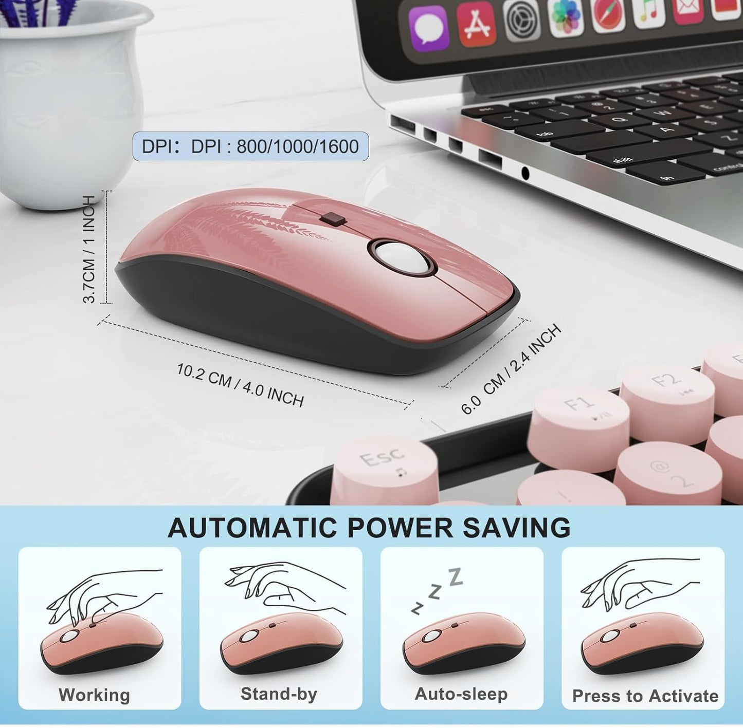 FOPETT Wireless Keyboard and Mouse Combo - 2.4G Full-Sized Cute Colorful Mouse and Keyboard with 104 Round Keys Retro Typewriter Keyboard for Laptop/Windows/PC - Pink Gradient