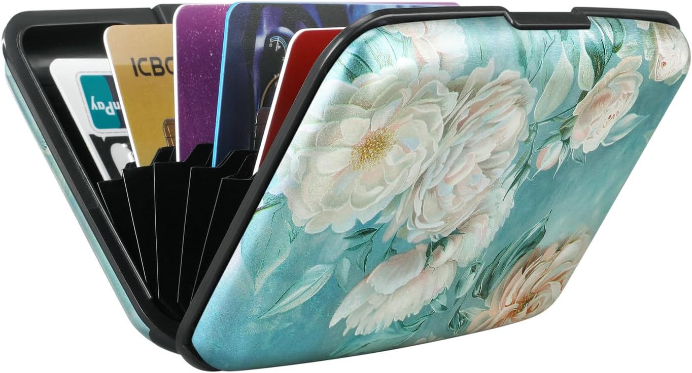 ELFISH Mini RFID Aluminum Wallet Credit Cards Holder Business Card Case Metal ID Case for Men Women(White peony)