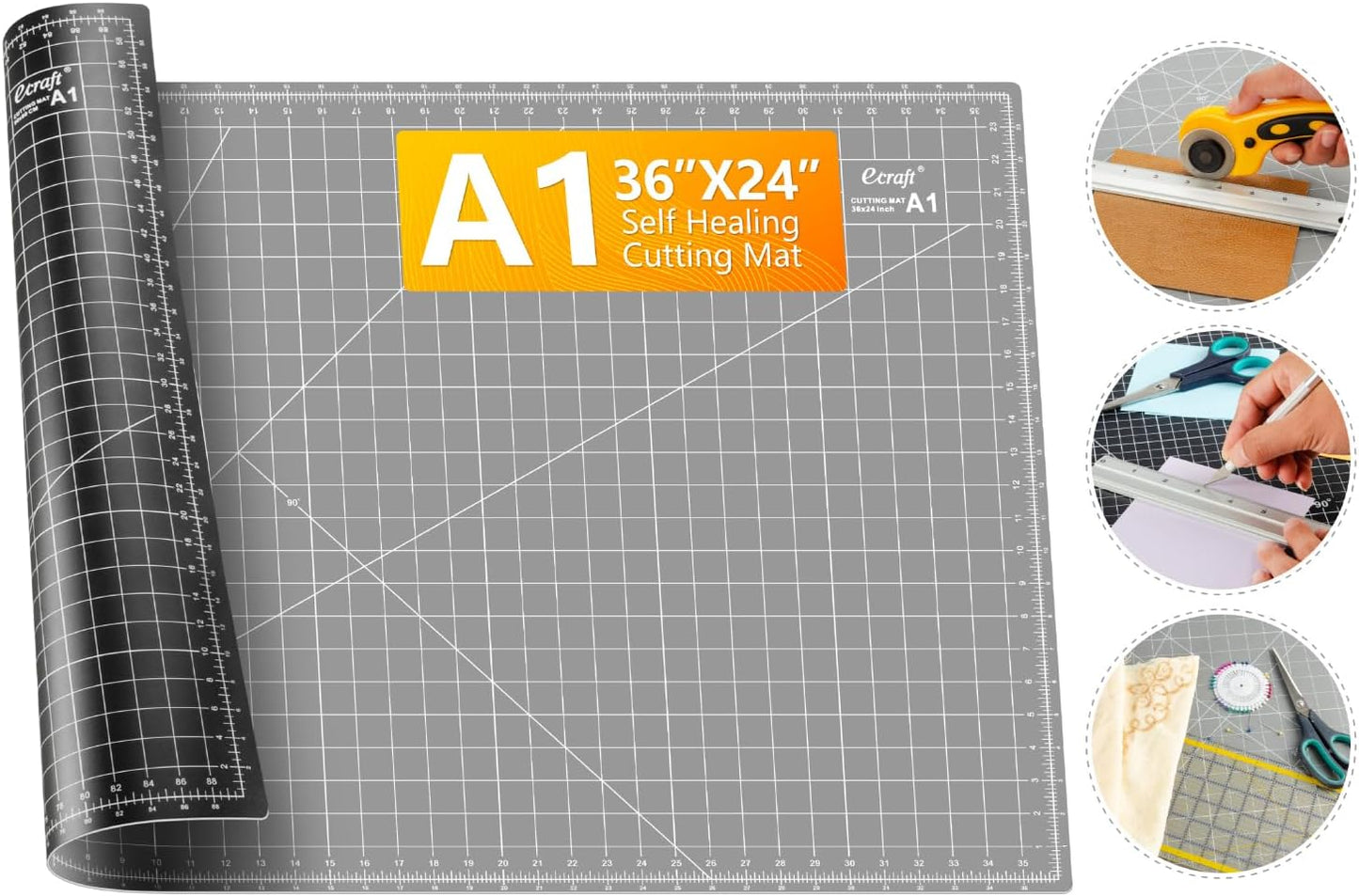 Ecraft Large Self Healing Cutting Mat: 24" x 36" Double Sided 5-Ply Hobby Mat, A1 Rotary Cutting Sewing Mat for Crafts, Fabric,Sewing,Quilting,Scrapbooking,Projects,Grey/Black