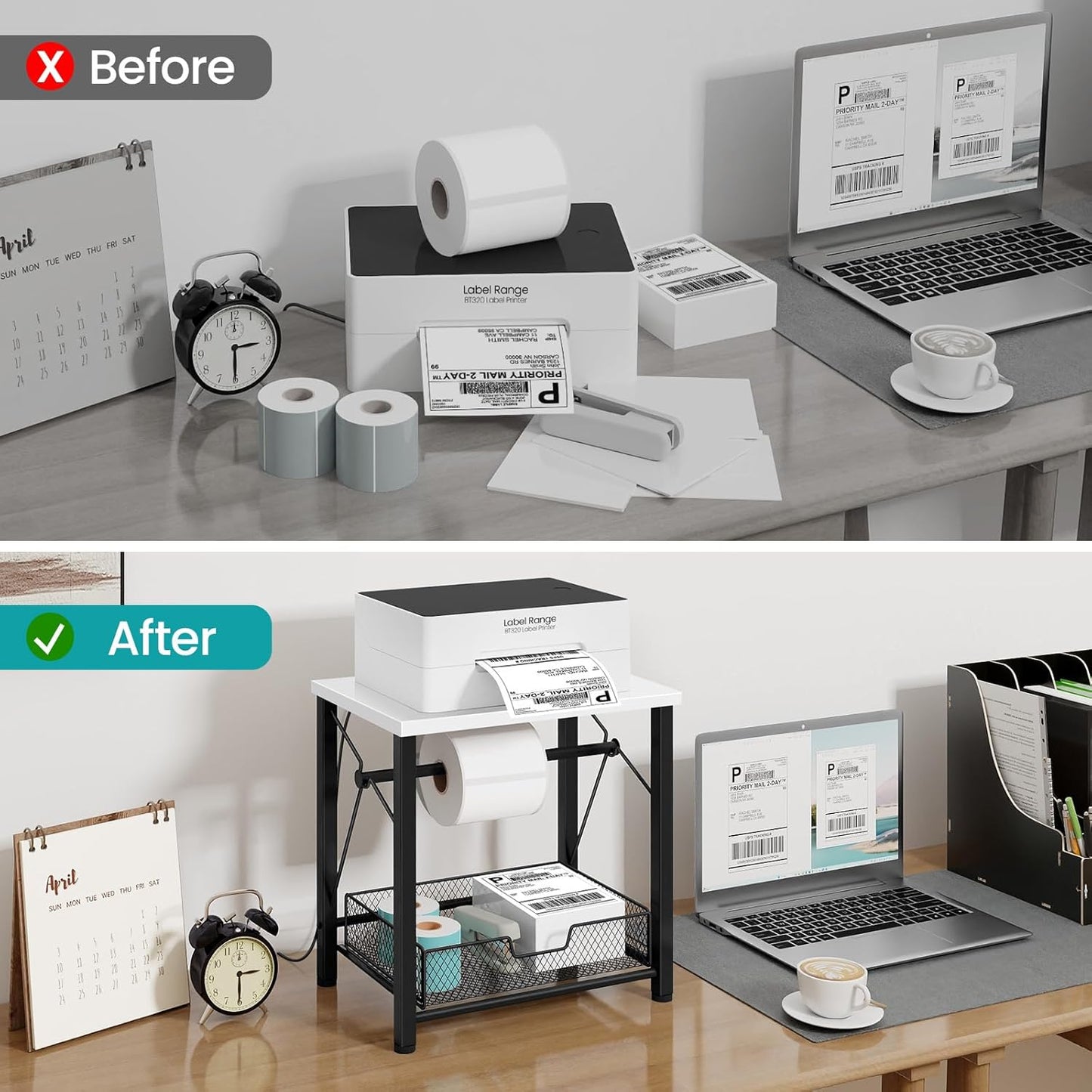 ELITEROO Label Holder for Rolls and Fanfold Labels, Wood Thermal Label Holder, Shipping Label Stand for Thermal Printer, Desktop Accessories Supplies for Home, Office, Small Business, White