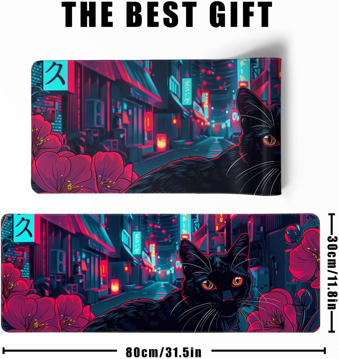 Japanese Black Cat Mouse Desk Pad Kawaii Red Anime Desk Mat Desk Decor Large Gaming Mouse Pad for Tokyo Neon Desk Mousepad Computer Office Keyboard Laptop Big Floral Mouse Pad Xl-31.5x11.8 in