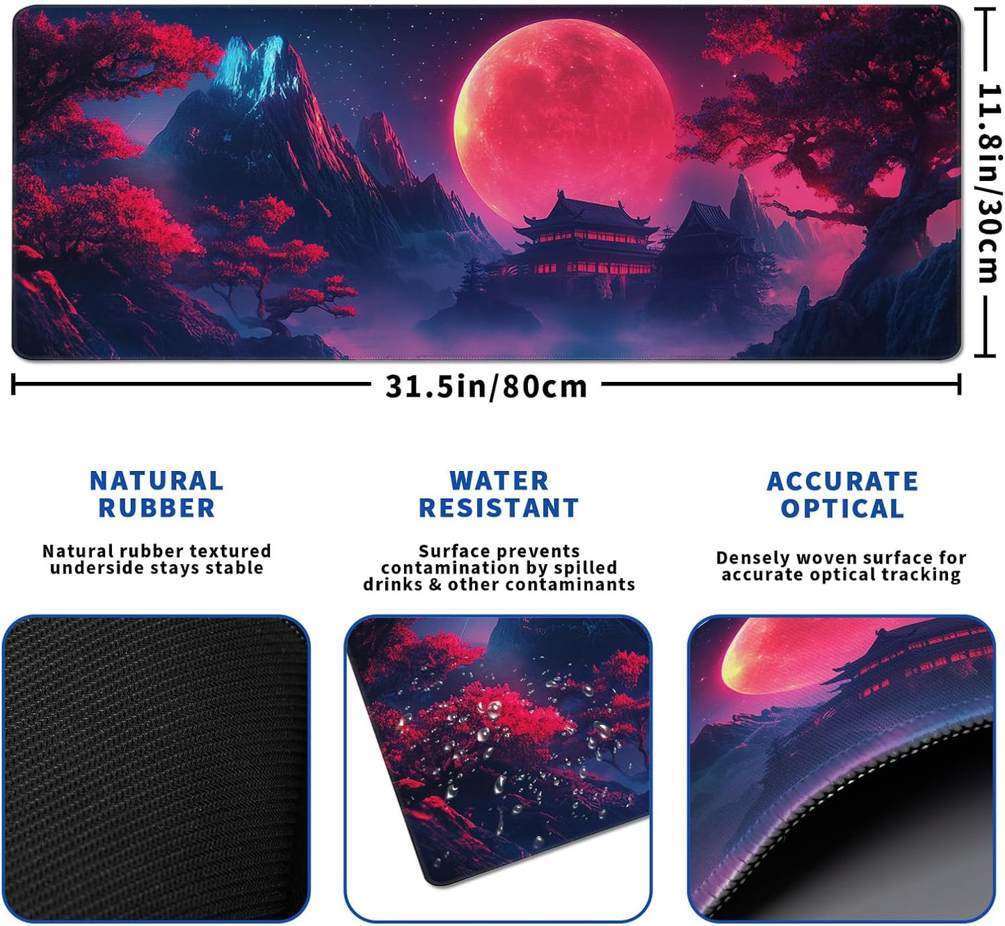 Darkness Red Moon Mouse Pad Abstract Red Mouse Pad 31.5x11.8 Inch Non-Slip Rubber Base Large Mousepad Stitched Edges Keyboard Mouse Mat Desk Pad for Office and Home(3)