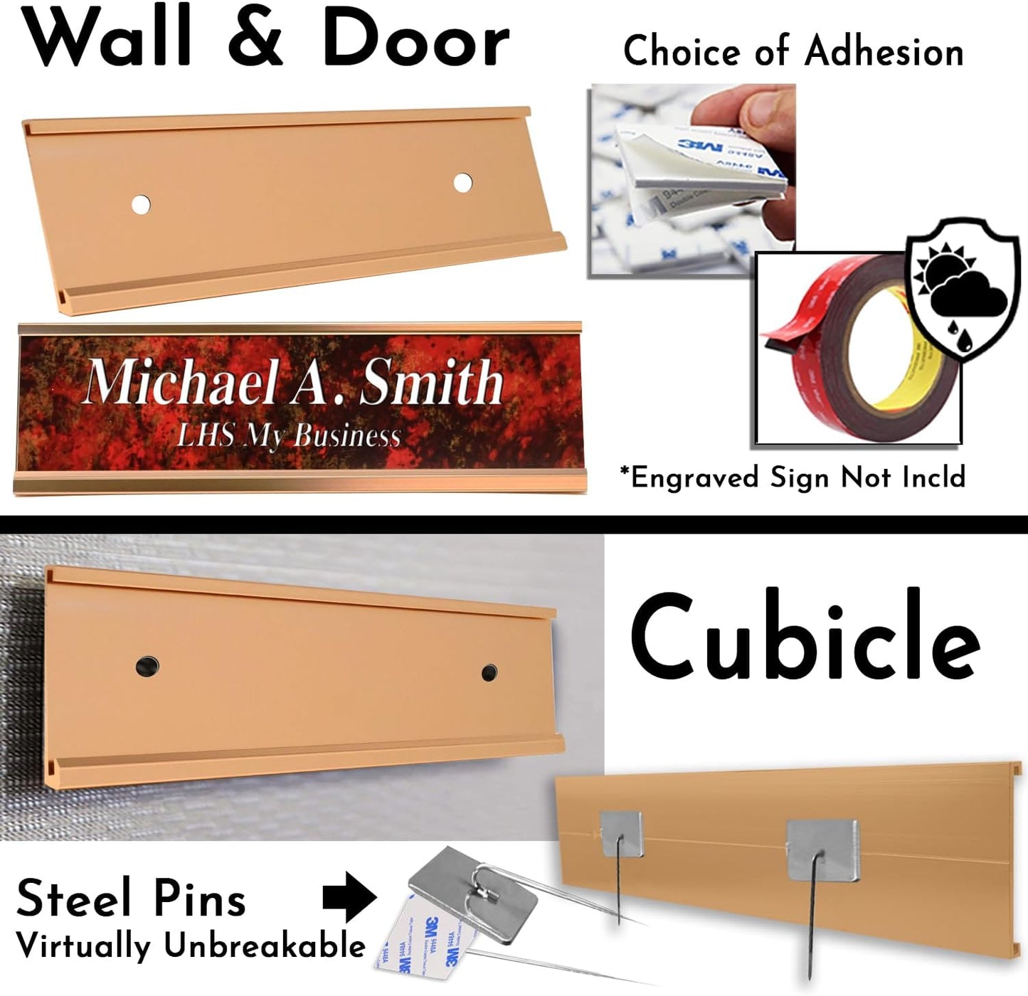 Executive Wall Nameplate Sign Holder Rose Gold Aluminum Fits 2x8 Plastic Office Door Name Plate or Cubicle Option| Made in USA