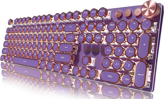 EWEADN Typewriter Style Mechanical Gaming Keyboard, Wired Mechanical Keyboards,104 Keys Backlit LED Keyboards, Media Control Knob, Wired Computer Keyboard Pink Switch for Windows/Mac/PC-Purple