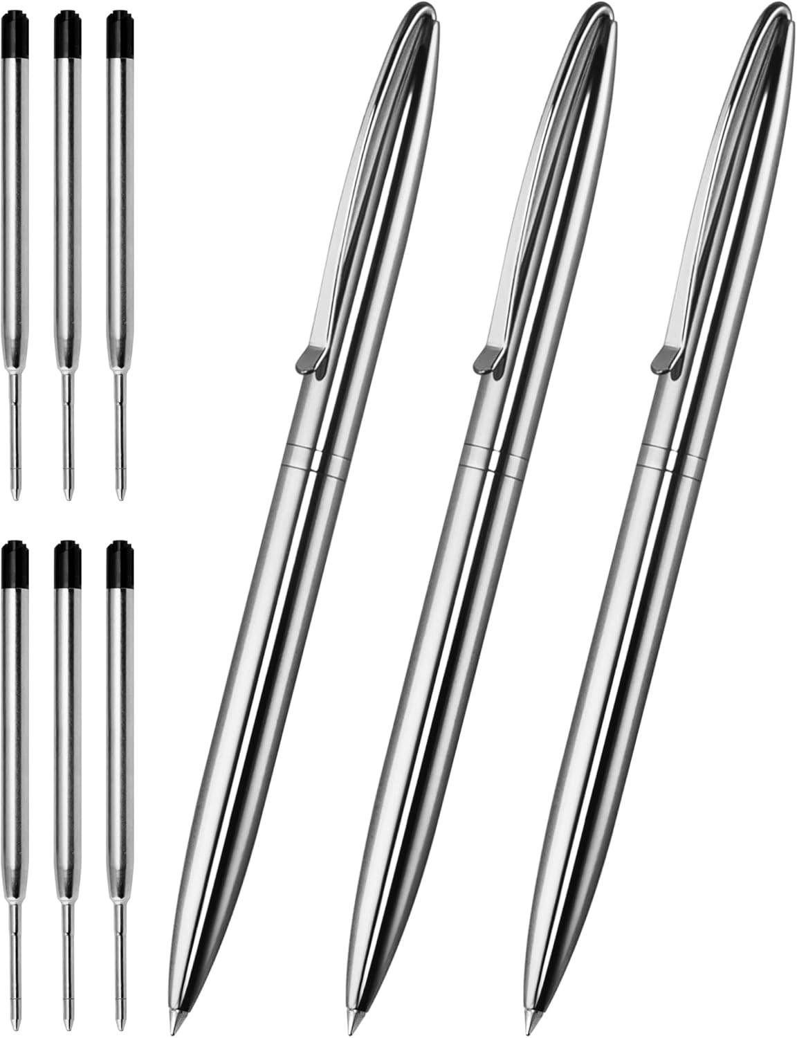 Cambond Metal Ballpoint Pens - Black Ink Fancy Pens 1.0mm Medium Point Bulk for Guest Book Uniform Christmas Gift, 3 Pens with 6 Refills (Silver)