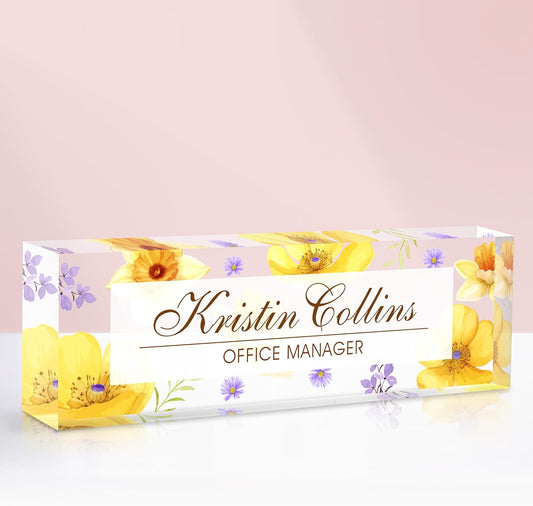 Custom Name Plate for Desk, Acrylic Office Decor For Women Men, Personalized Office Desk Accessories, Teacher Employee Appreciation Gifts For Social Worker Boss Coworkers (Flowers-4)