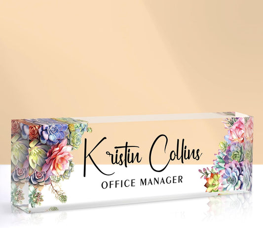 Custom Name Plate for Desk, Acrylic Office Decor For Women Men, Personalized Office Desk Accessories, Teacher Employee Appreciation Gifts For Social Worker Boss Coworkers (Succulent 1)