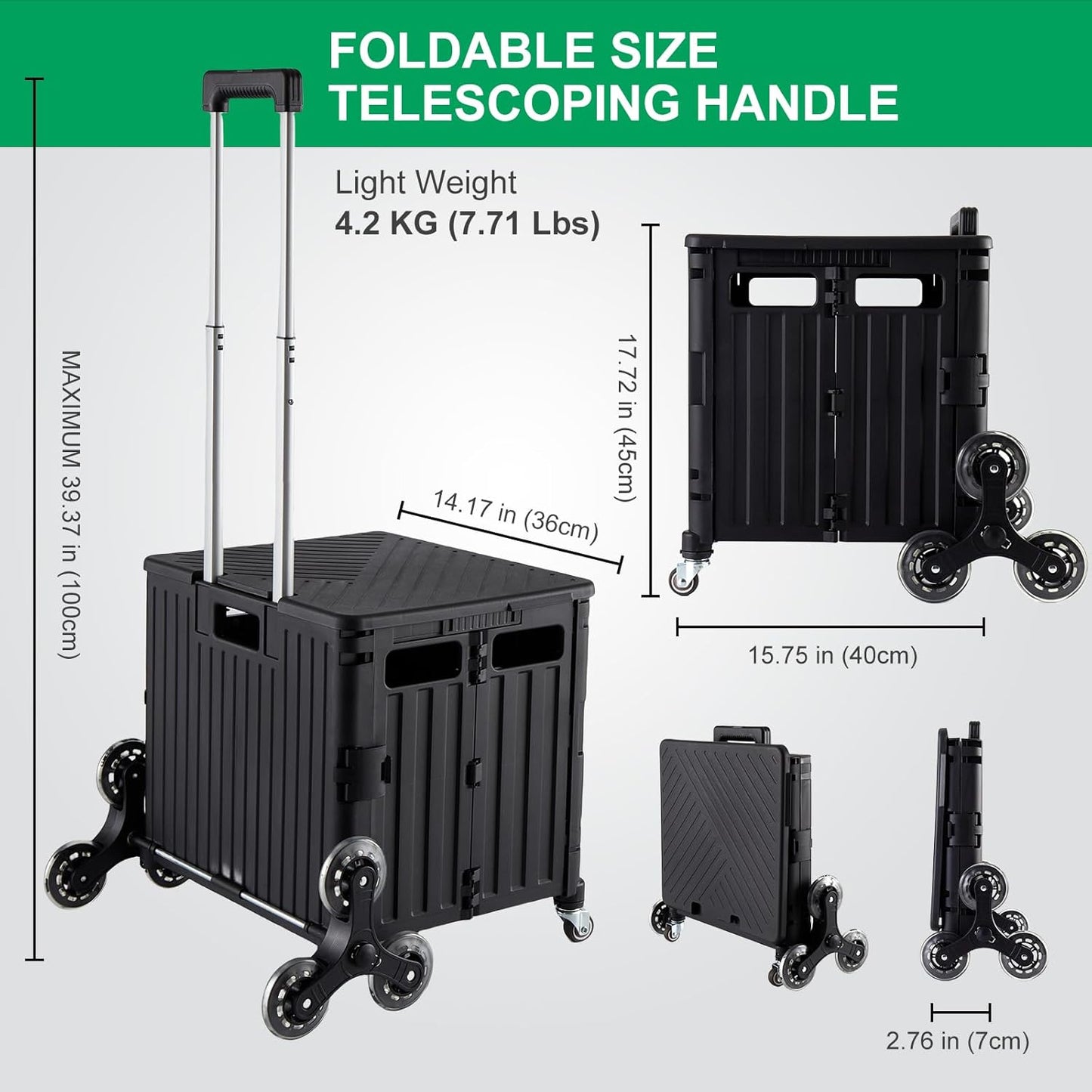 Foldable Utility Cart with Stair Climbing Wheels, Collapsible Rolling Crate with Telescoping Handle, Folding Shopping Trolley Handcart Grocery Book File Tool Teacher Storage Basket (Black)