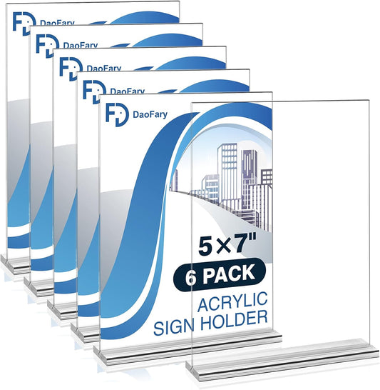 Daofary Acrylic Sign Holder 5 x 7 Inches 6 Pack, Double-Sided Stand up Table Top Paper Holder, Store Sign Holders, Plastic Sign Display for Restaurants, Hotels, Office