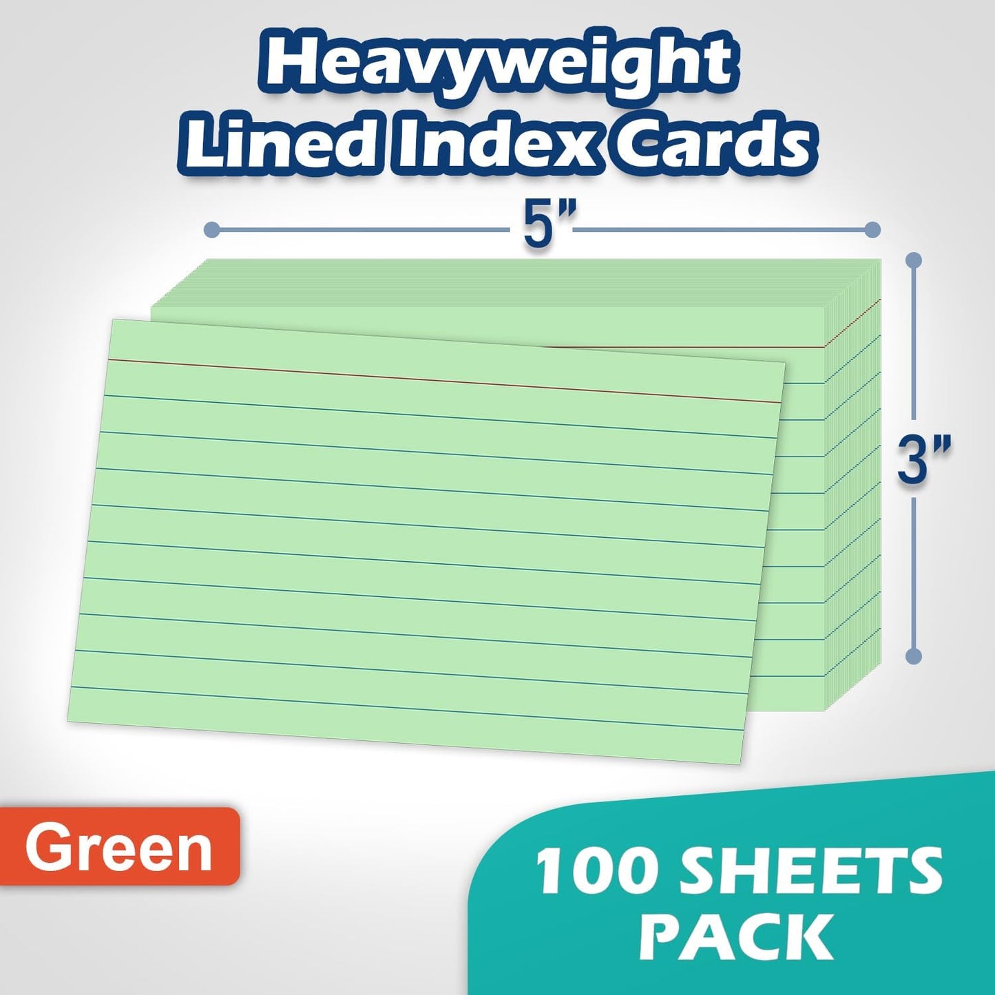 Green Lined Index Cards 3x5 Ruled Note Cards 100 Count, 180 gsm Heavy Weight