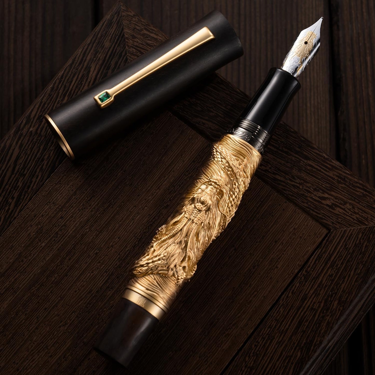 Hongdian N24 Fountain Pen Extra Fine Nib, Golden Dragon Stereoscopic Carving with Red Wood Design