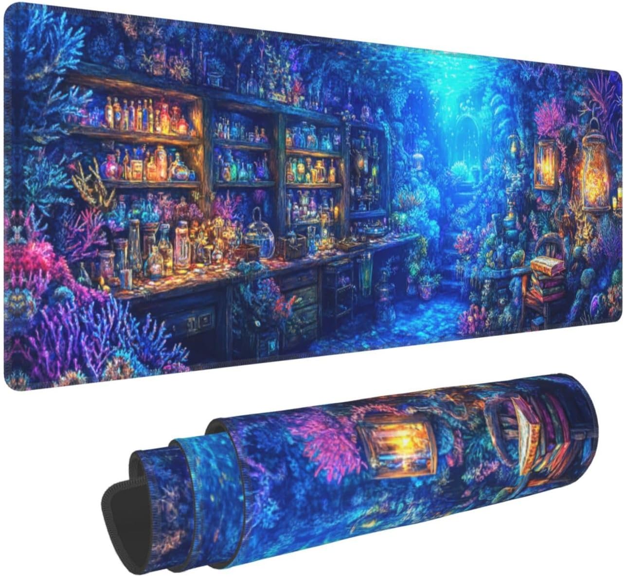 Magical Sea Mouse Pad 31.5 X 11.8 Inch Big Desk Rubber Base Stitched Edges Keyboard Pad XXL Mouse Mat for Home Game and Office