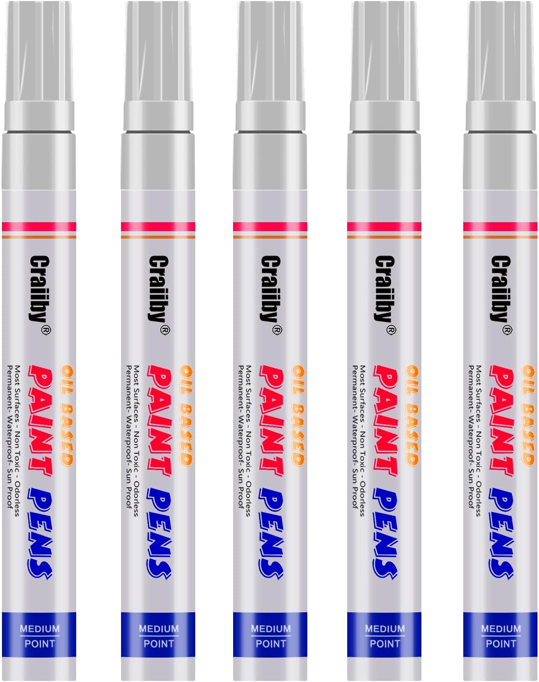 White Paint Markers, 5 Pack Oil-Based Waterproof Quick Dry and Permanent Paint Pen Set for Rocks Painting, Wood, Plastic, Canvas, Glass, Mugs, Metal, Tire, Stone, DIY Craft