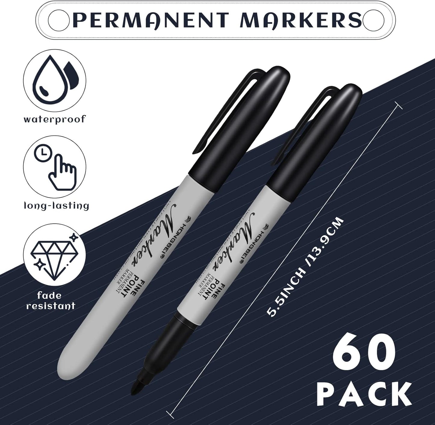 Thenshop 60 Pack Permanent Markers Bulk Black Permanent Marker Set Fine Point Pens Work on Wood, Metal, Stone, Glass